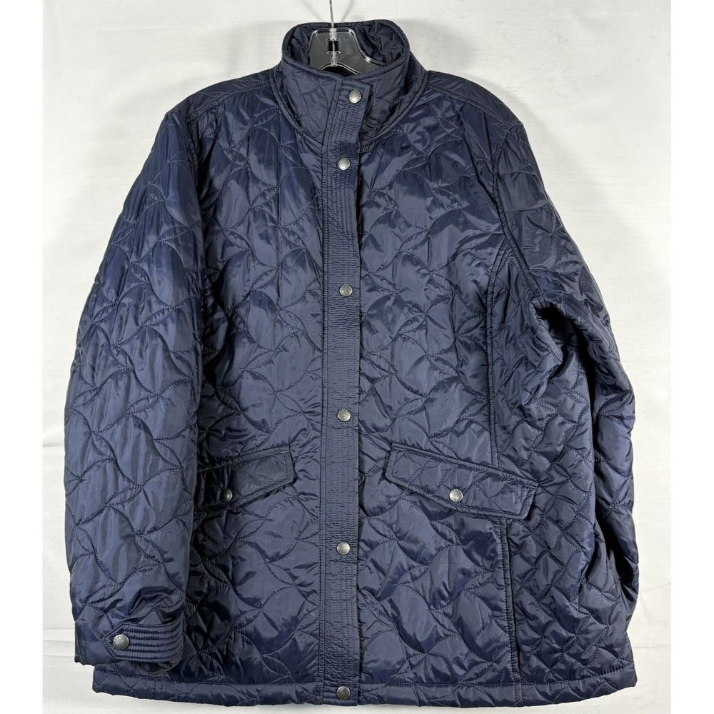 Lands End Navy Blue Quilted Barn Jacket Womens XL 18 Snap Front Insulated Coat